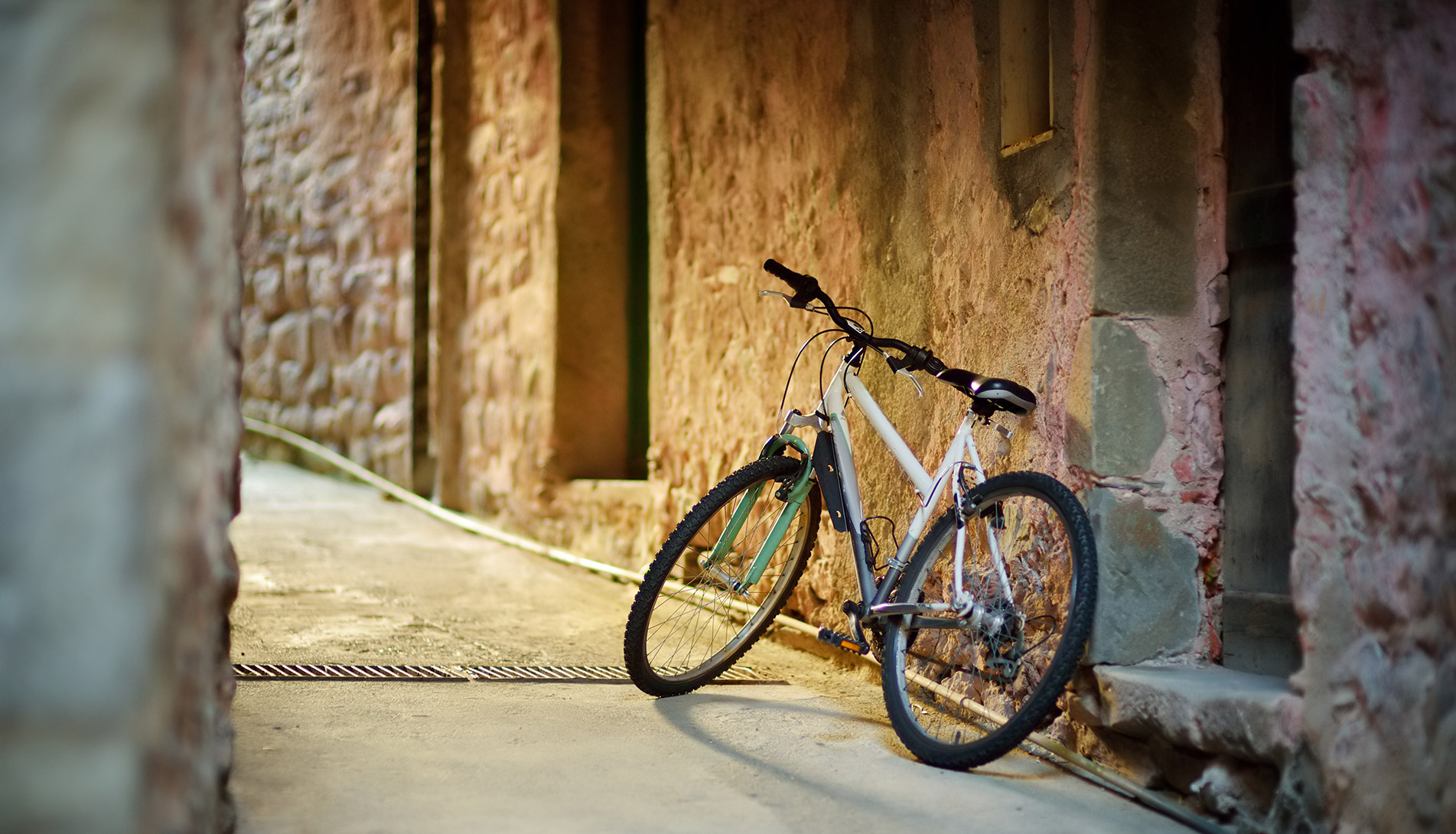Bicycle leaning on a wall in the village of Camogli